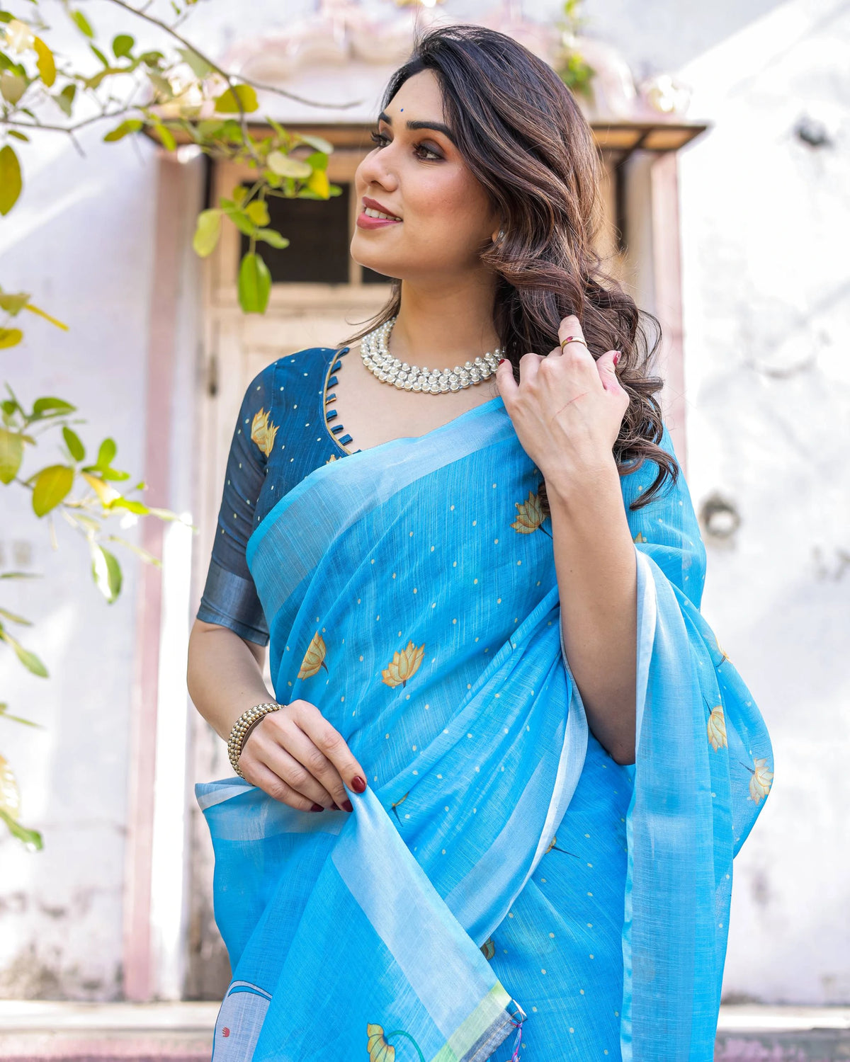 Blue Printed Soft Linen Cotton Saree - kalyanja