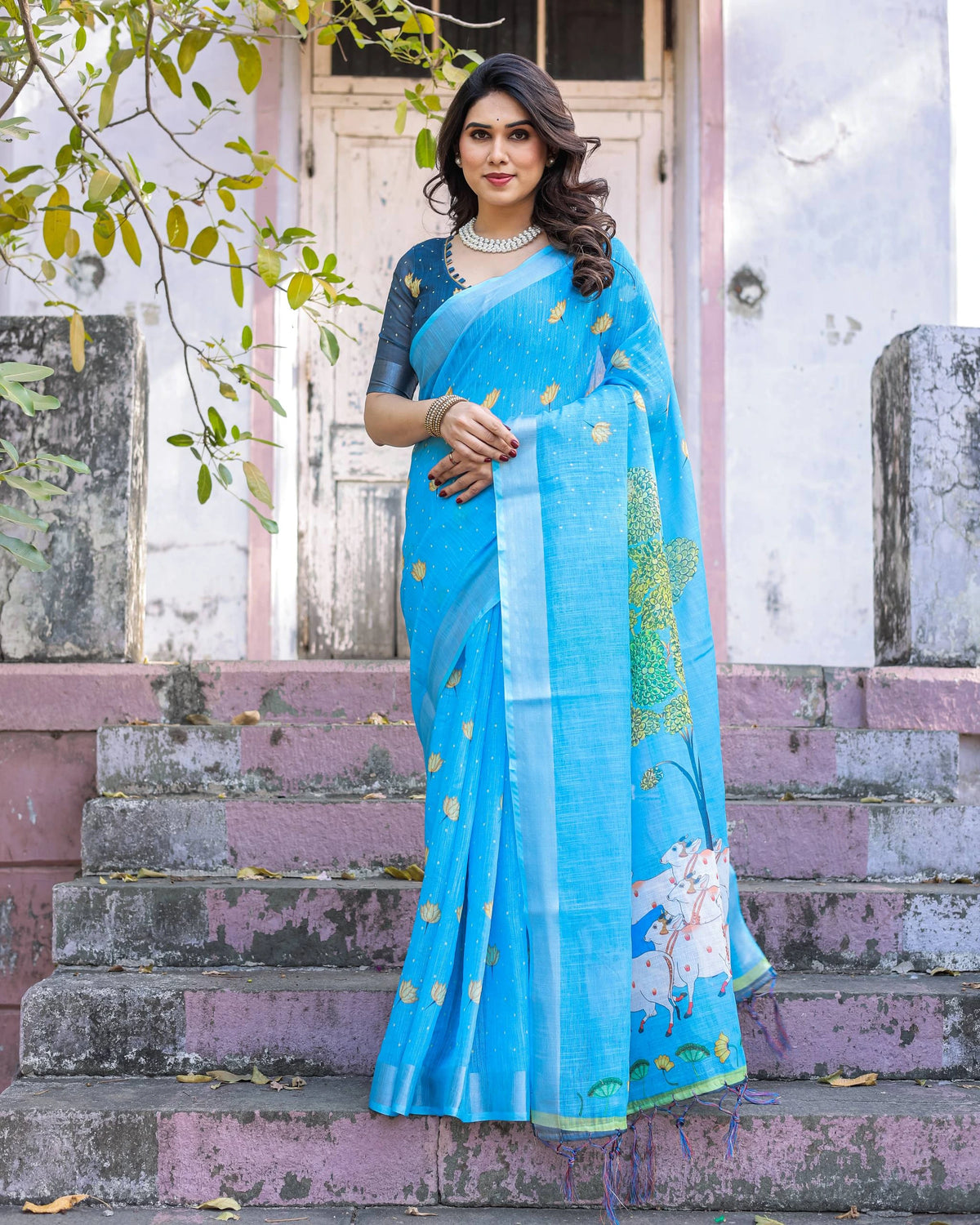 Blue Printed Soft Linen Cotton Saree - kalyanja