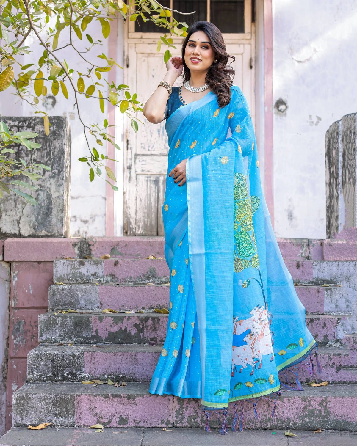 Blue Printed Soft Linen Cotton Saree – Kalyanja
