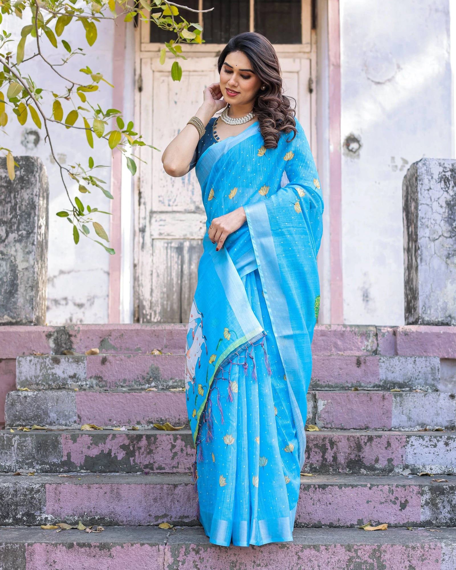 Blue Printed Soft Linen Cotton Saree – Kalyanja
