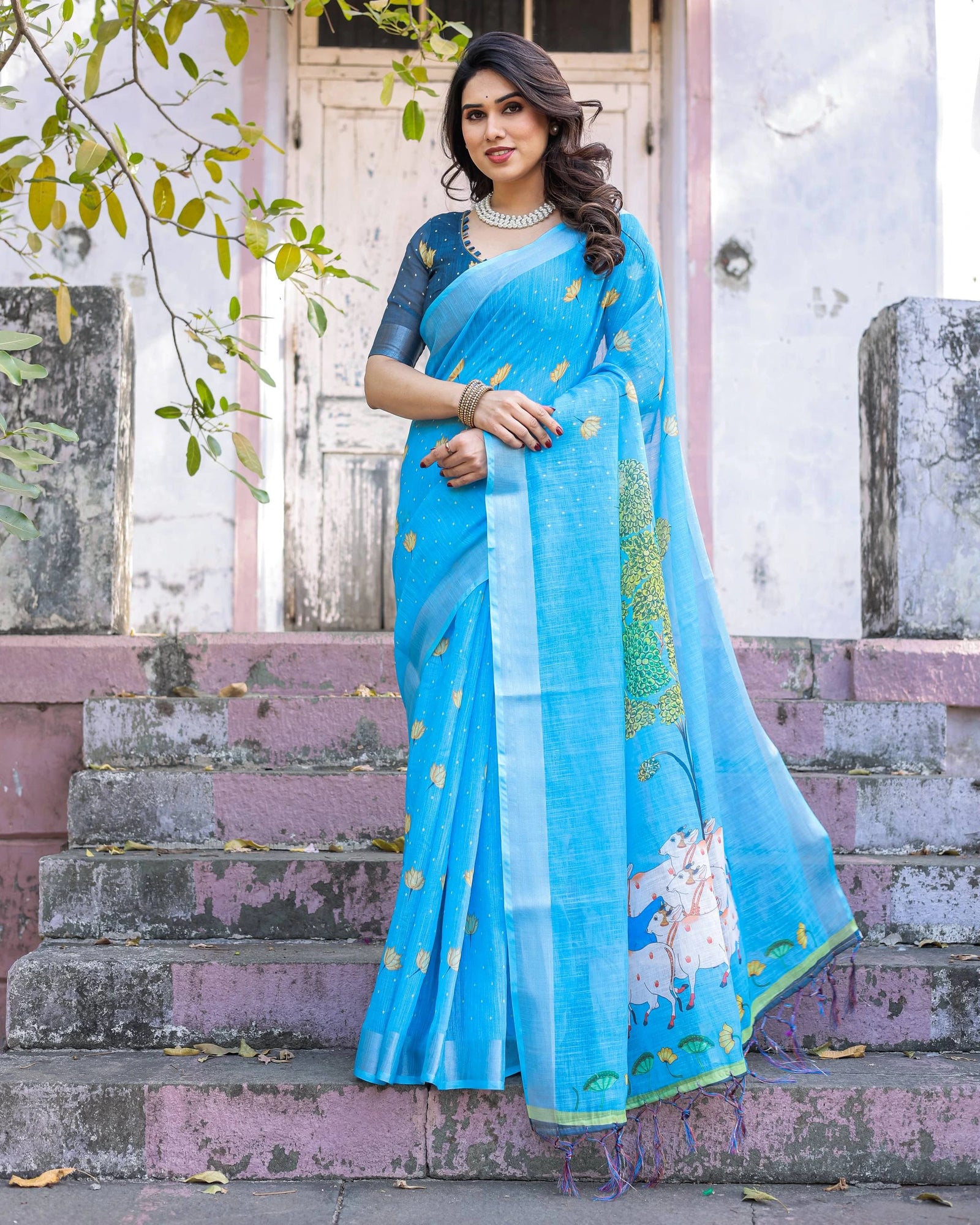 Blue Printed Soft Linen Cotton Saree – Kalyanja
