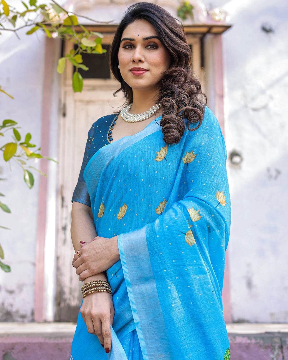 Blue Printed Soft Linen Cotton Saree – Kalyanja
