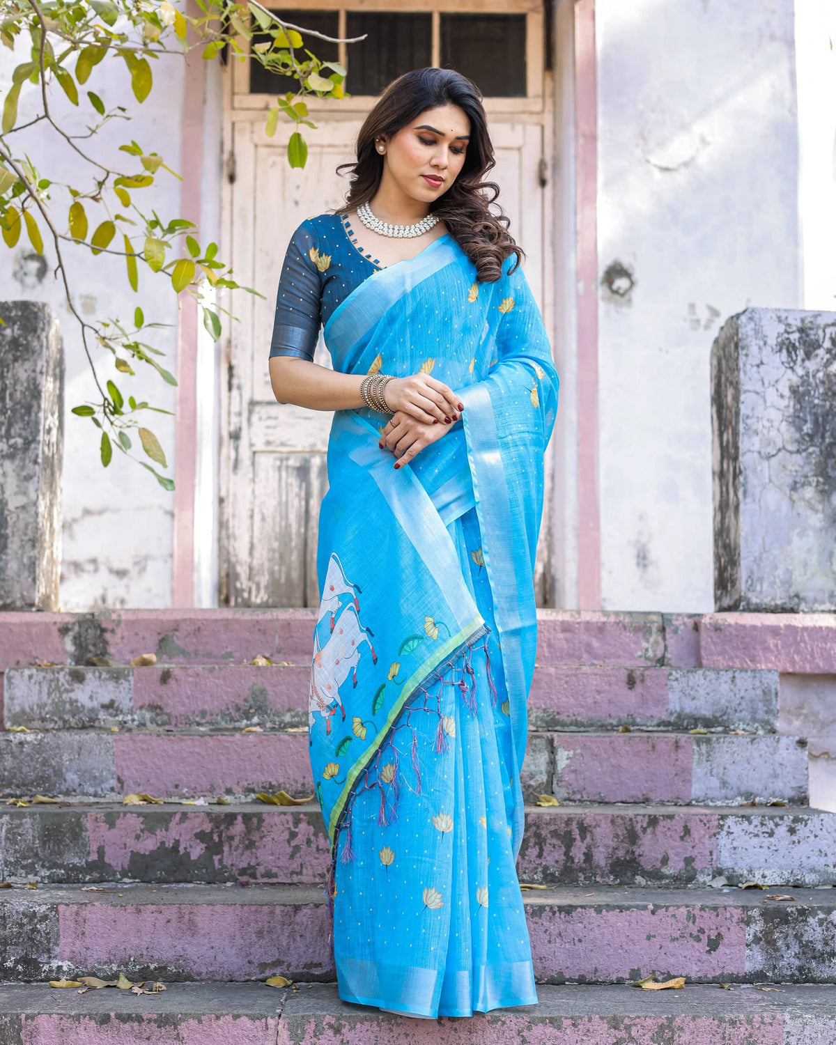 Blue Printed Soft Linen Cotton Saree – Kalyanja
