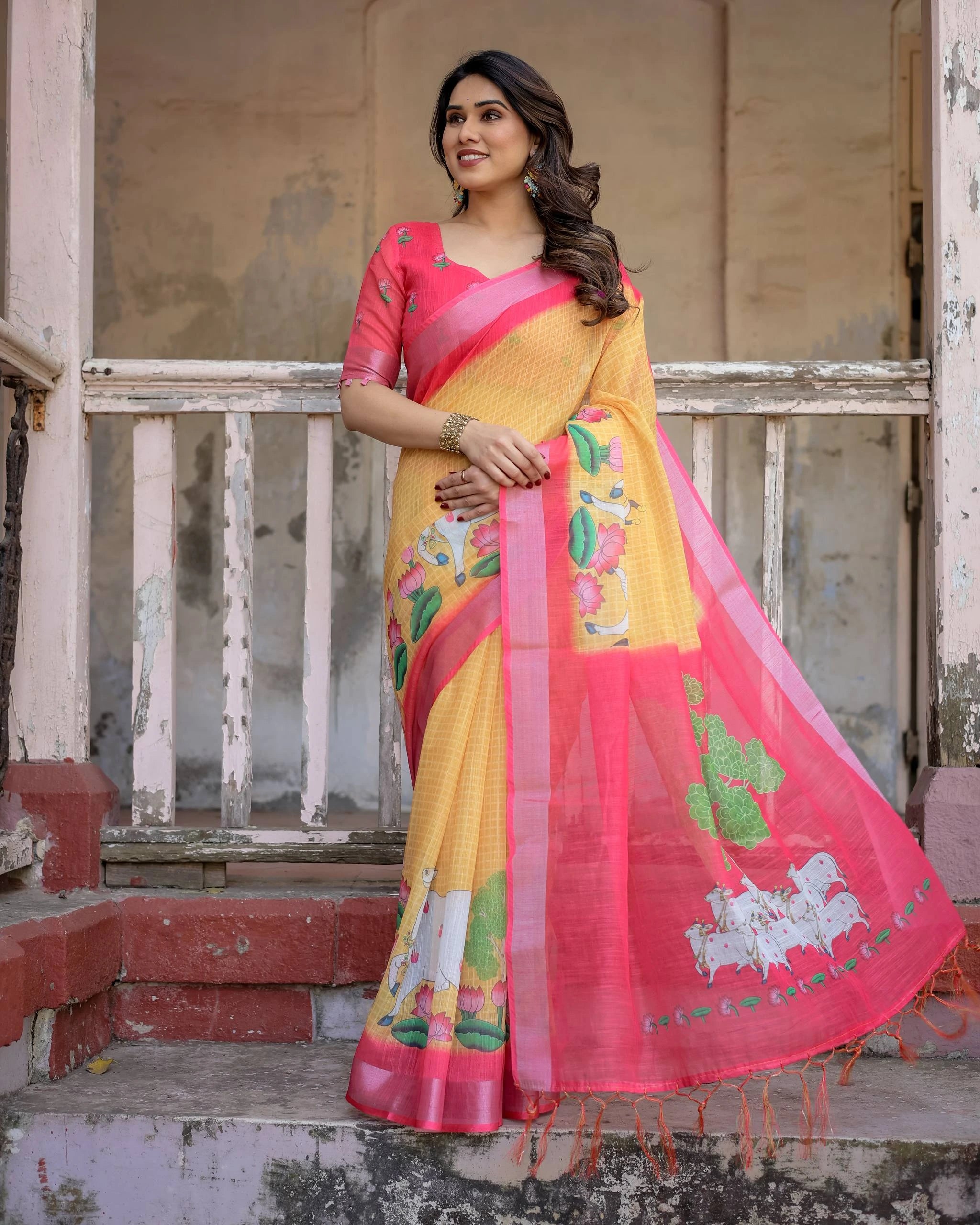 Yellow Printed Soft Linen Cotton Saree