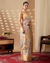 Beige Digital Print & Zari Woven Soft Lichi Silk Saree