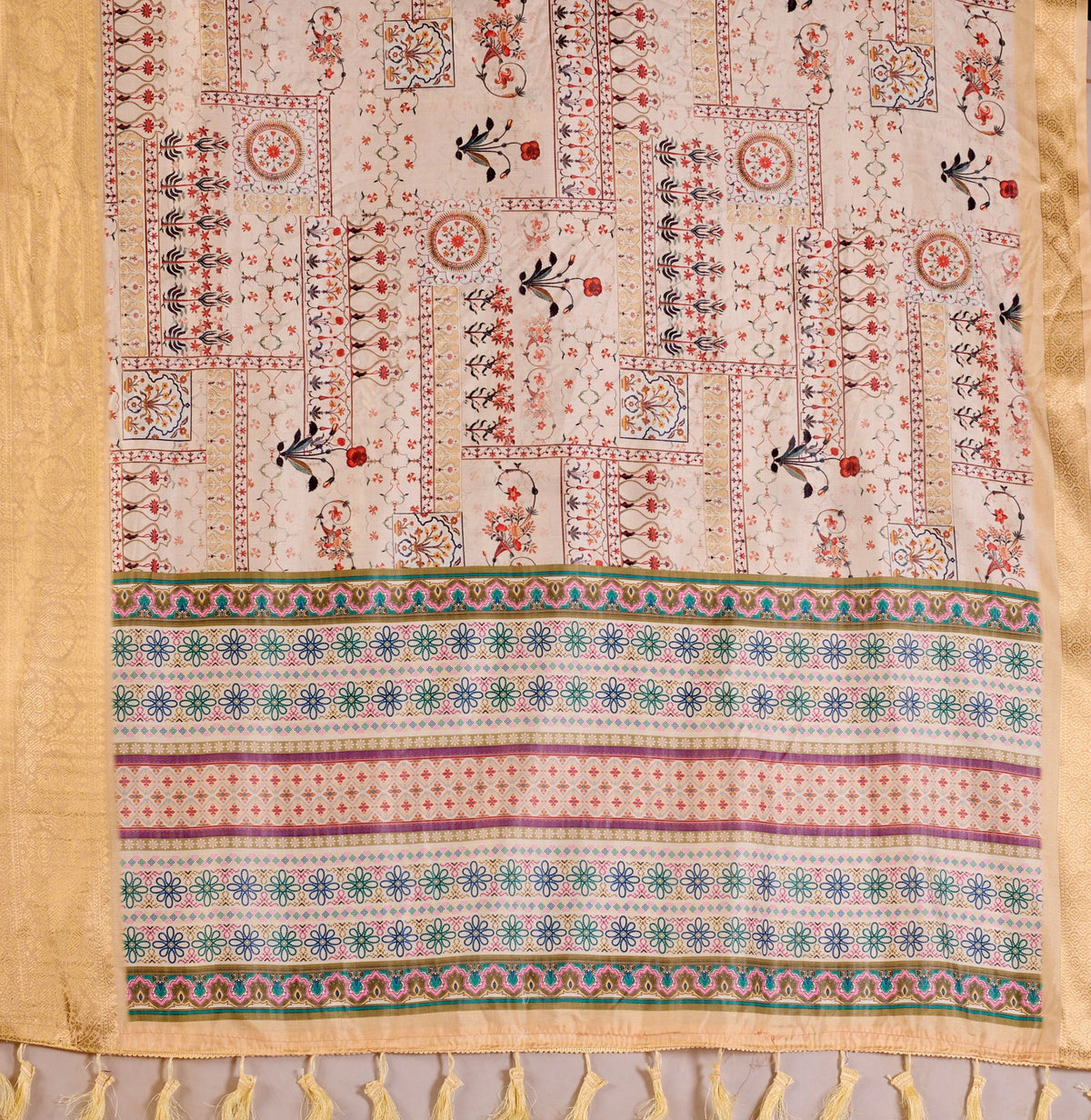 Buy Beige Digital Print Soft Lichi Silk Saree | Kalyanja
