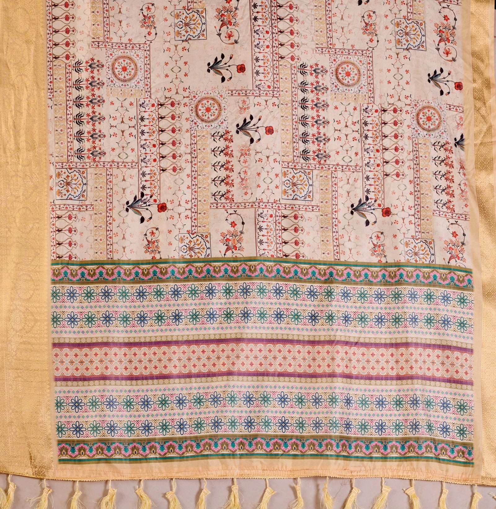 Buy Beige Digital Print Soft Lichi Silk Saree | Kalyanja
