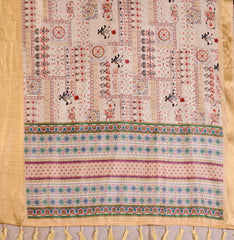 Beige Digital Print & Zari Woven Soft Lichi Silk Saree