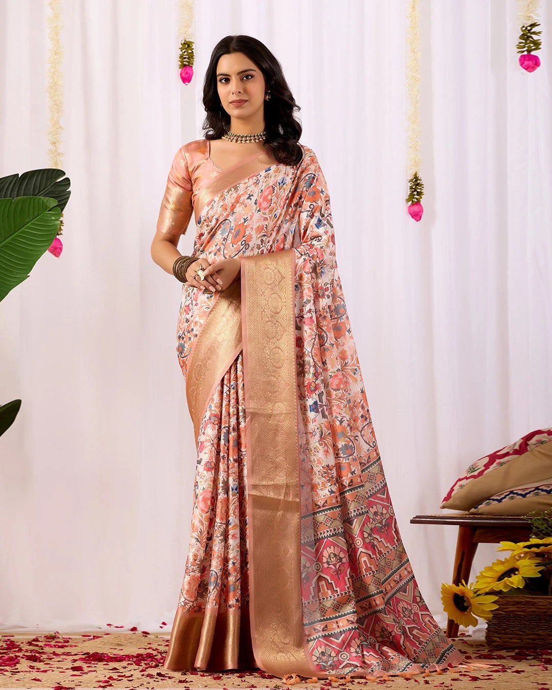 Buy Soft Peach Floral Lichi Silk Saree | Kalyanja
