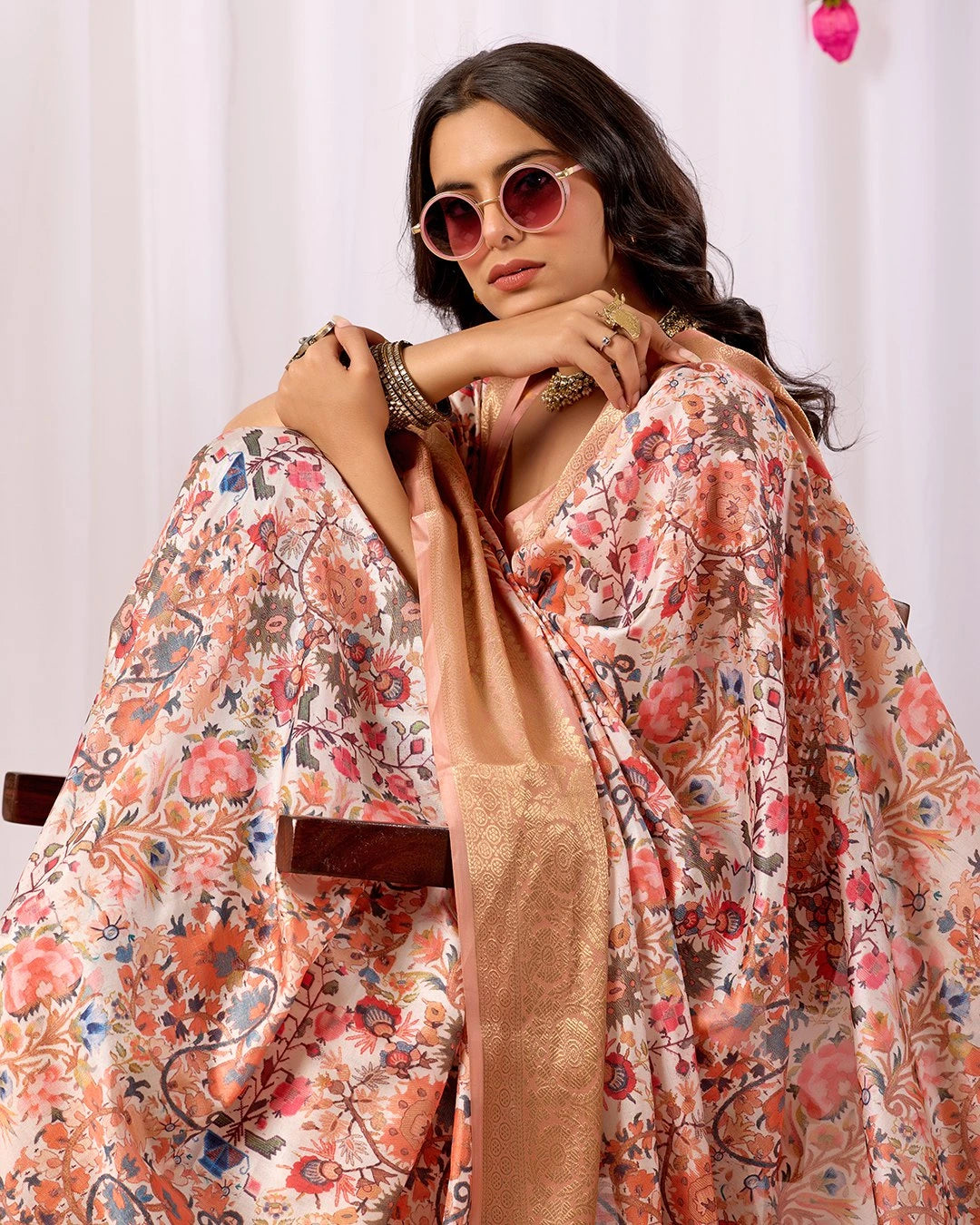 Buy Soft Peach Floral Lichi Silk Saree | Kalyanja
