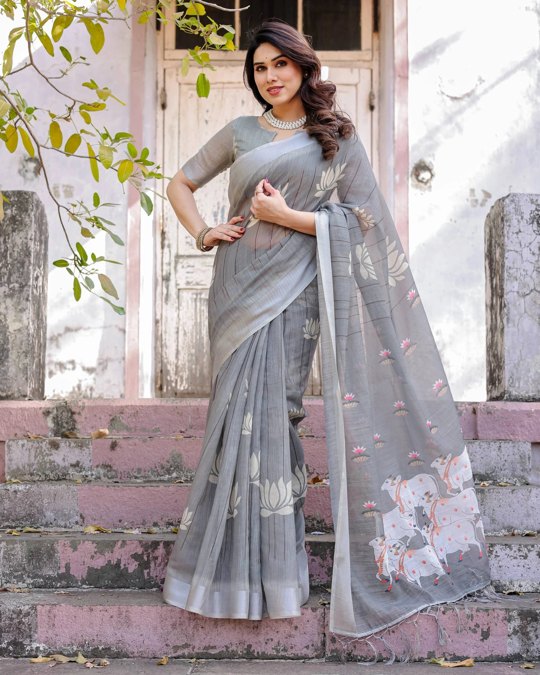 Gray Printed Soft Linen Cotton Saree - kalyanja