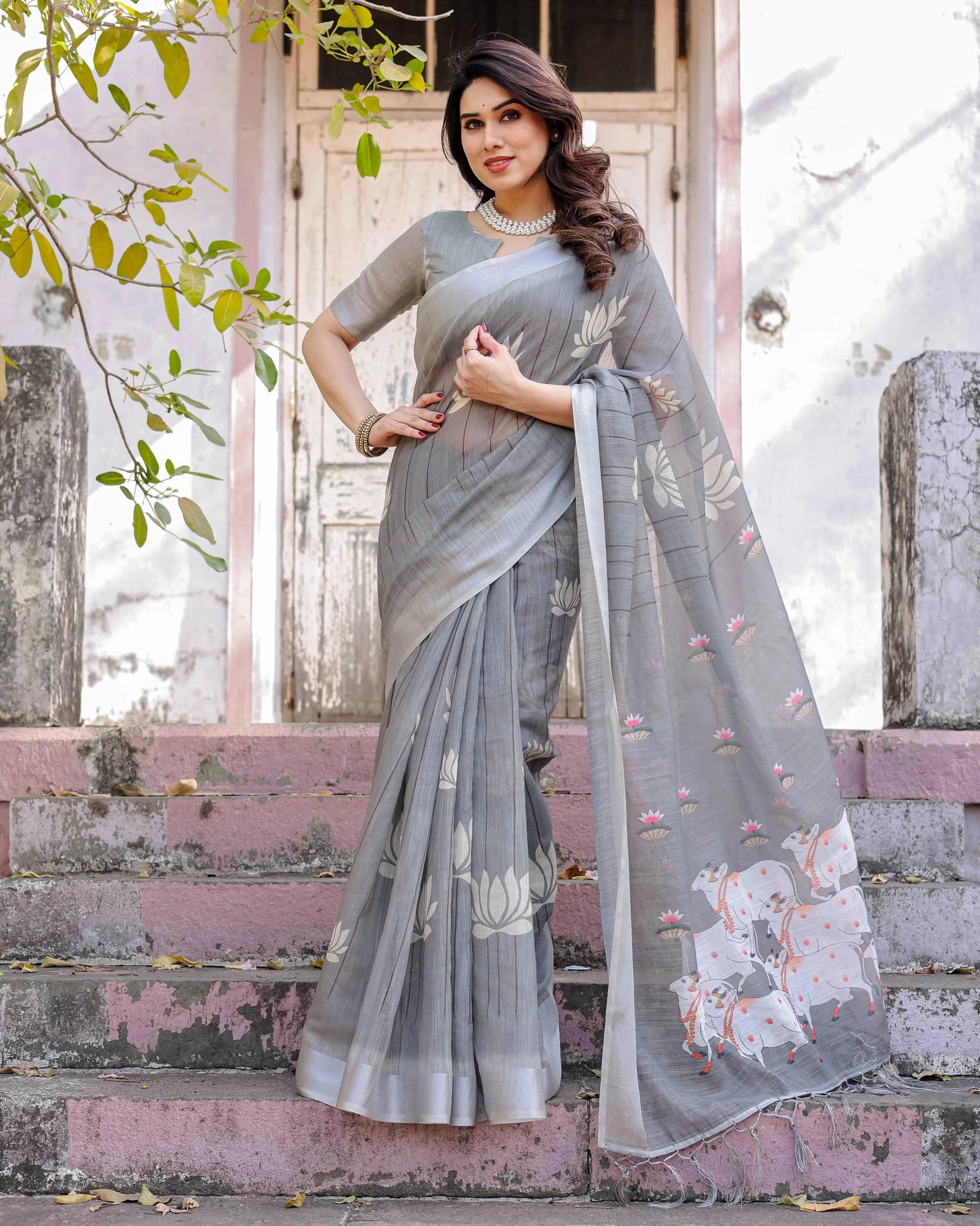 Gray Printed Soft Linen Cotton Saree - kalyanja