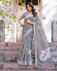 Gray Printed Soft Linen Cotton Saree - kalyanja