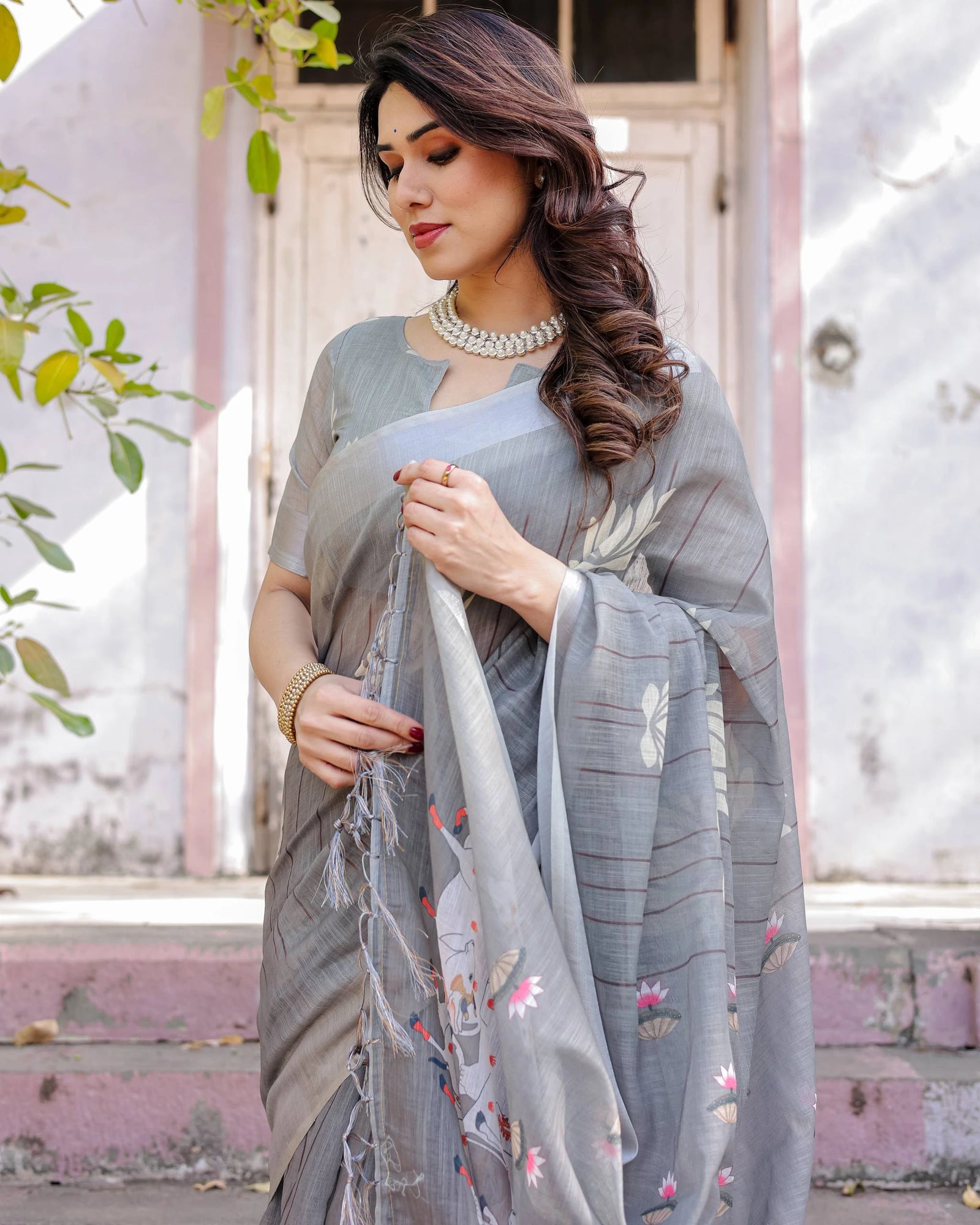 Gray Printed Soft Linen Cotton Saree - kalyanja