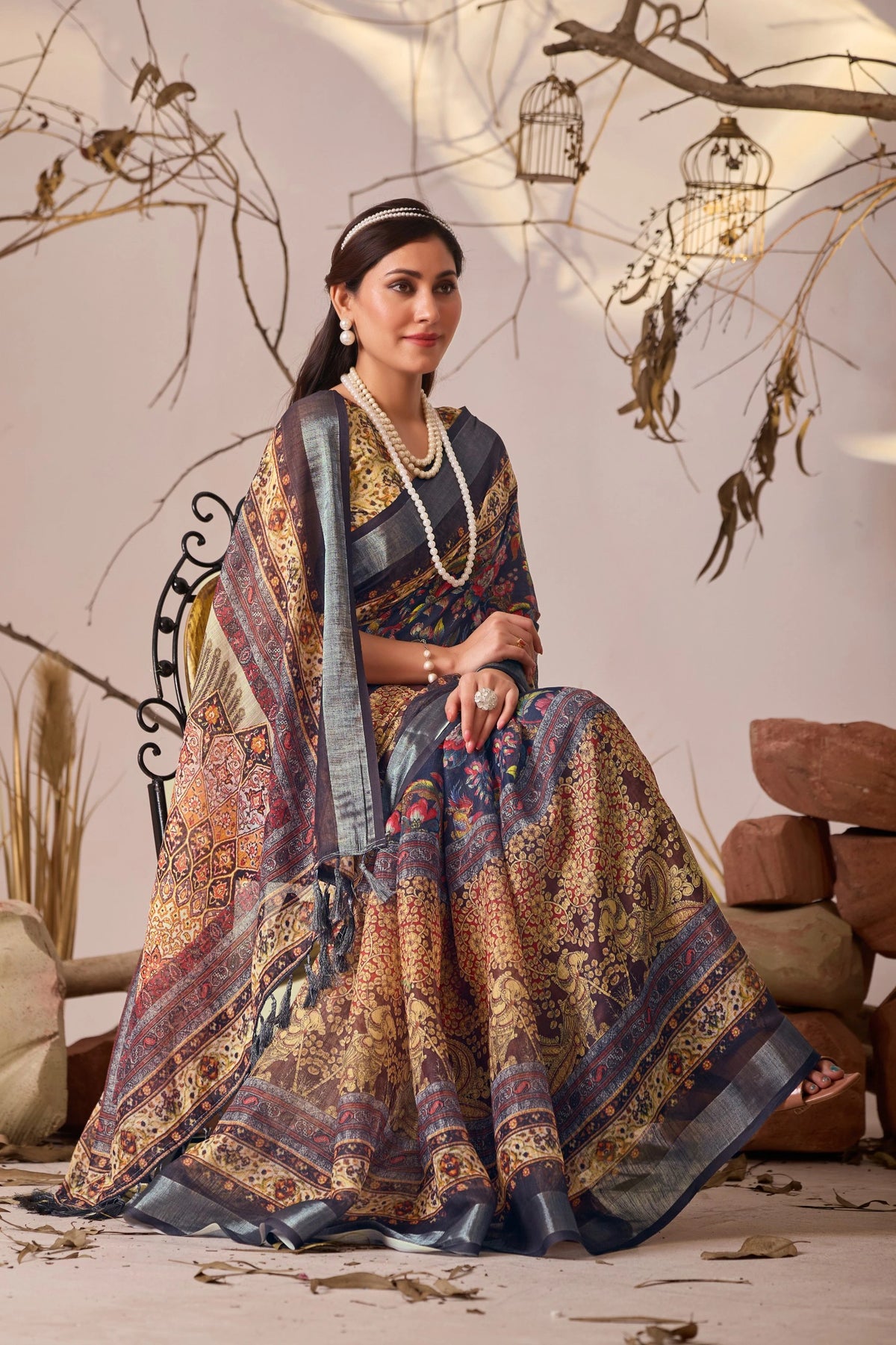 Beige Digital Floral Royal Ethnic Print Linen Cotton Saree