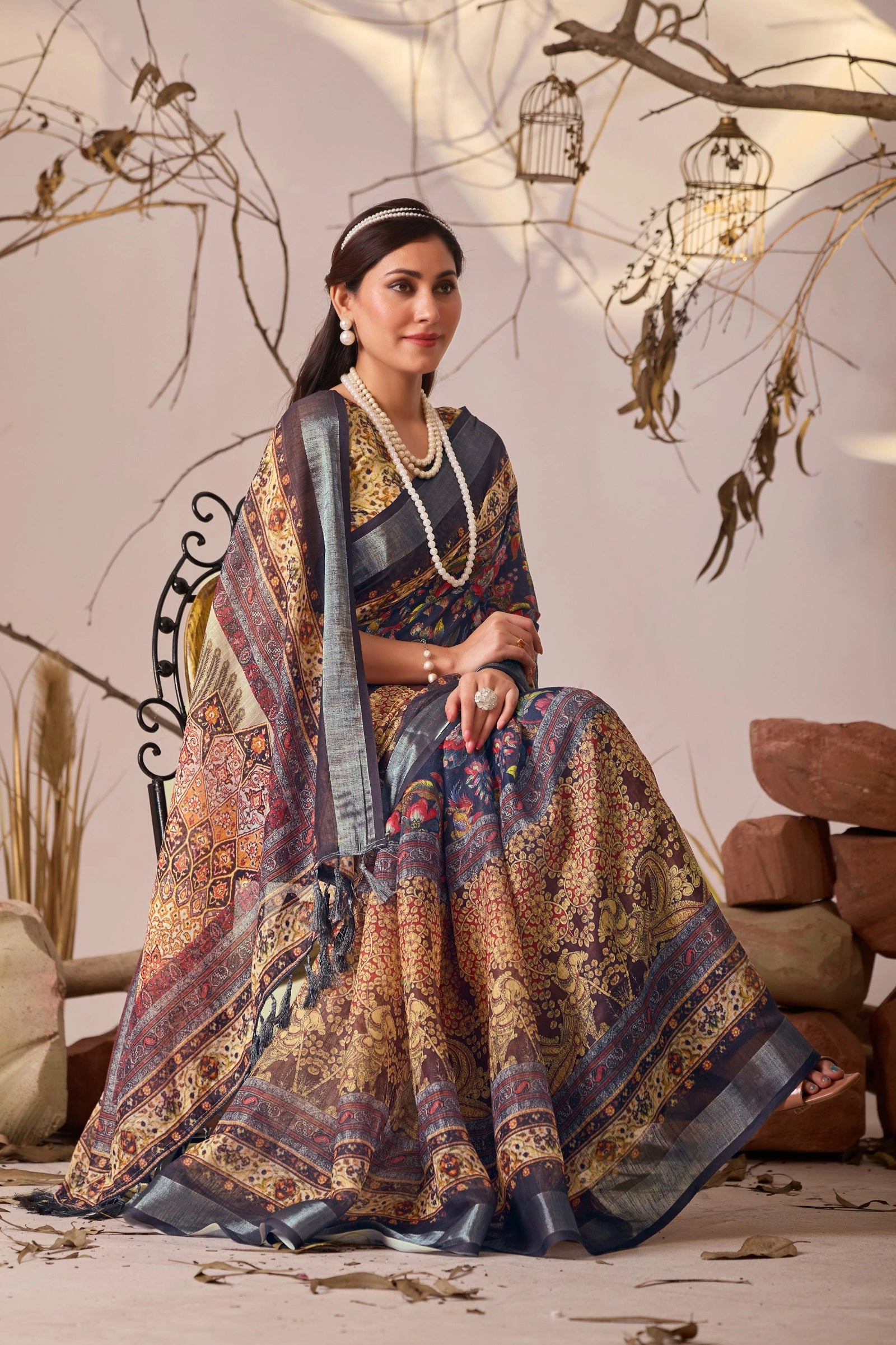 Beige Digital Floral Royal Ethnic Print Linen Cotton Saree