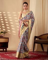 Beige Digital Weaving & Golden Zari Border Soft Lichi Silk