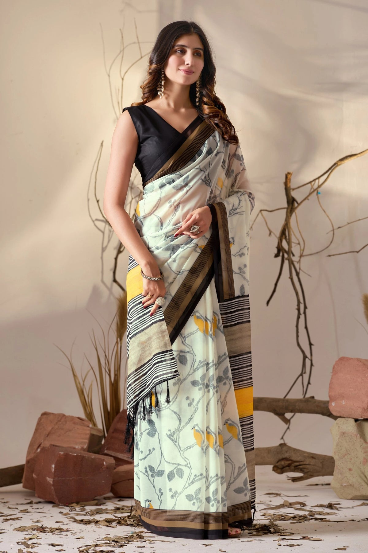 White Digital Print Border Soft Georgette Saree