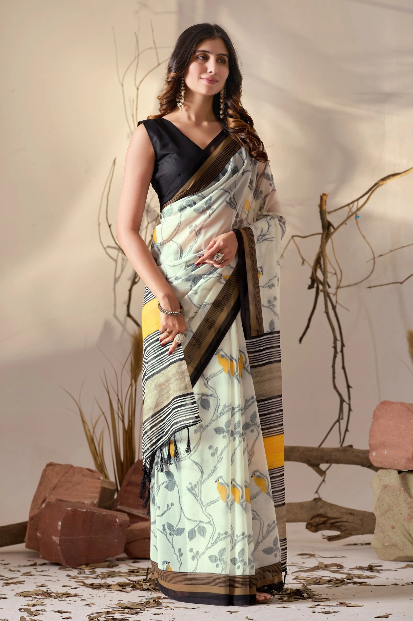 White Digital Print Border Soft Georgette Saree
