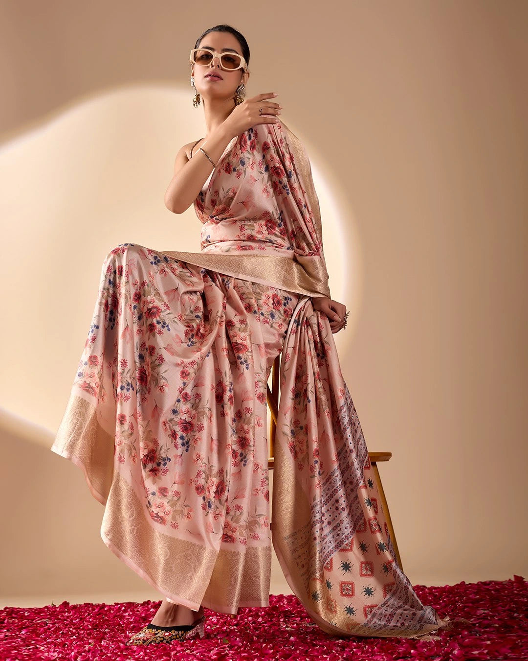 Beige Floral Digital Weaving & Golden Zari Border Soft Lichi Silk Saree - kalyanja