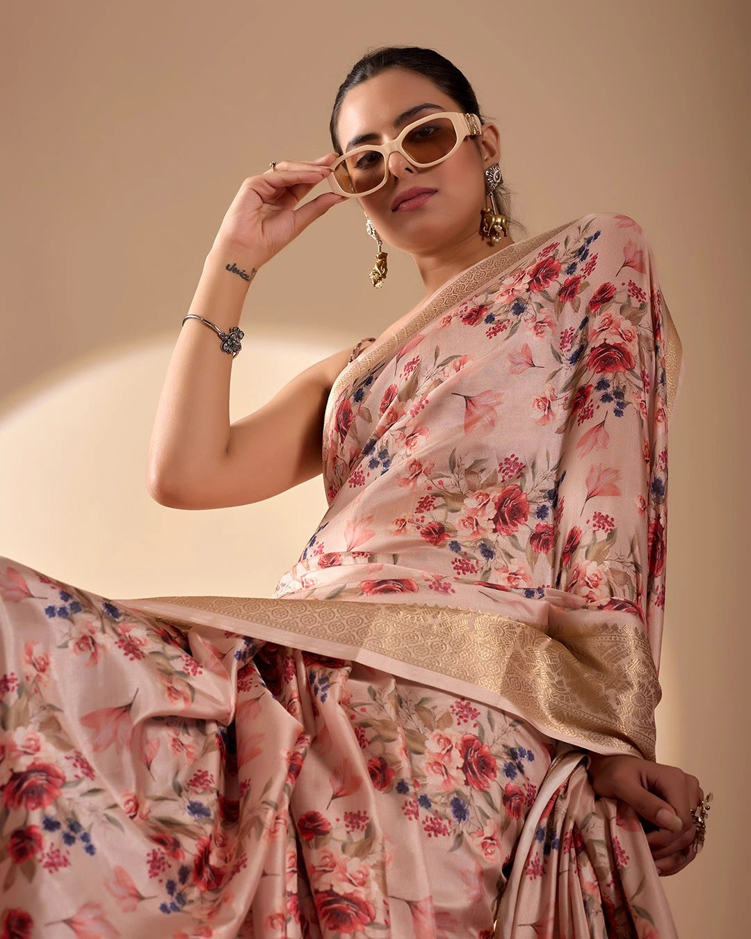 beige floral digital weaving golden zari border soft lichi silk saree