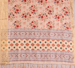 Beige Floral Digital Weaving & Golden Zari Border Soft Lichi Silk Saree