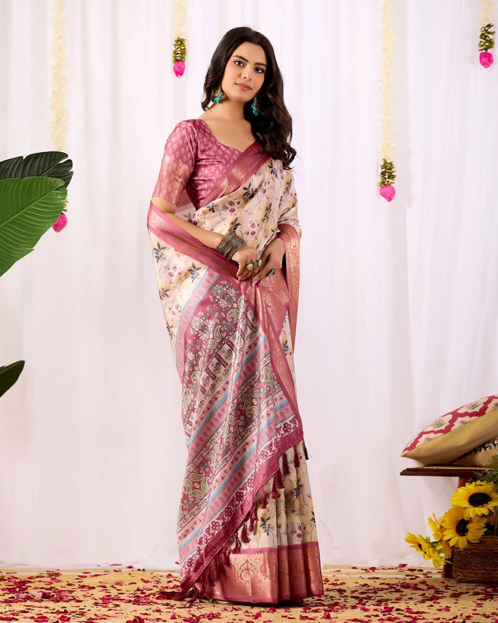 Buy Dark Pink Floral Weaving Lichi Silk Saree | Kalyanja
