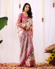 Dark Pink Floral Digital Weaving & Golden Zari Border Soft Lichi Silk Saree