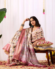 Dark Pink Floral Digital Weaving & Golden Zari Border Soft Lichi Silk Saree