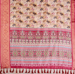 Dark Pink Floral Digital Weaving & Golden Zari Border Soft Lichi Silk Saree