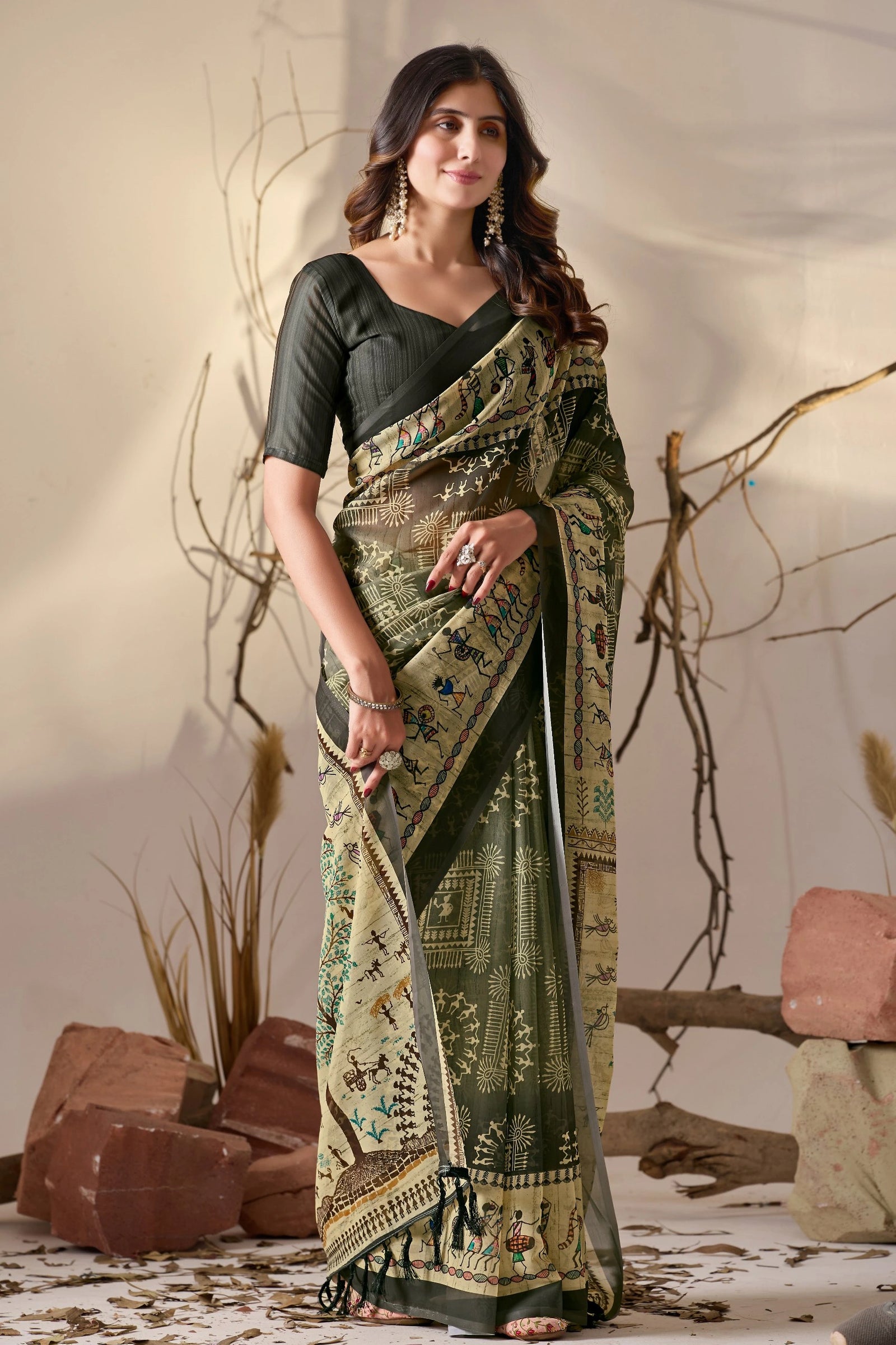 Shop Black Warli Print Georgette Saree | Kalyanja
