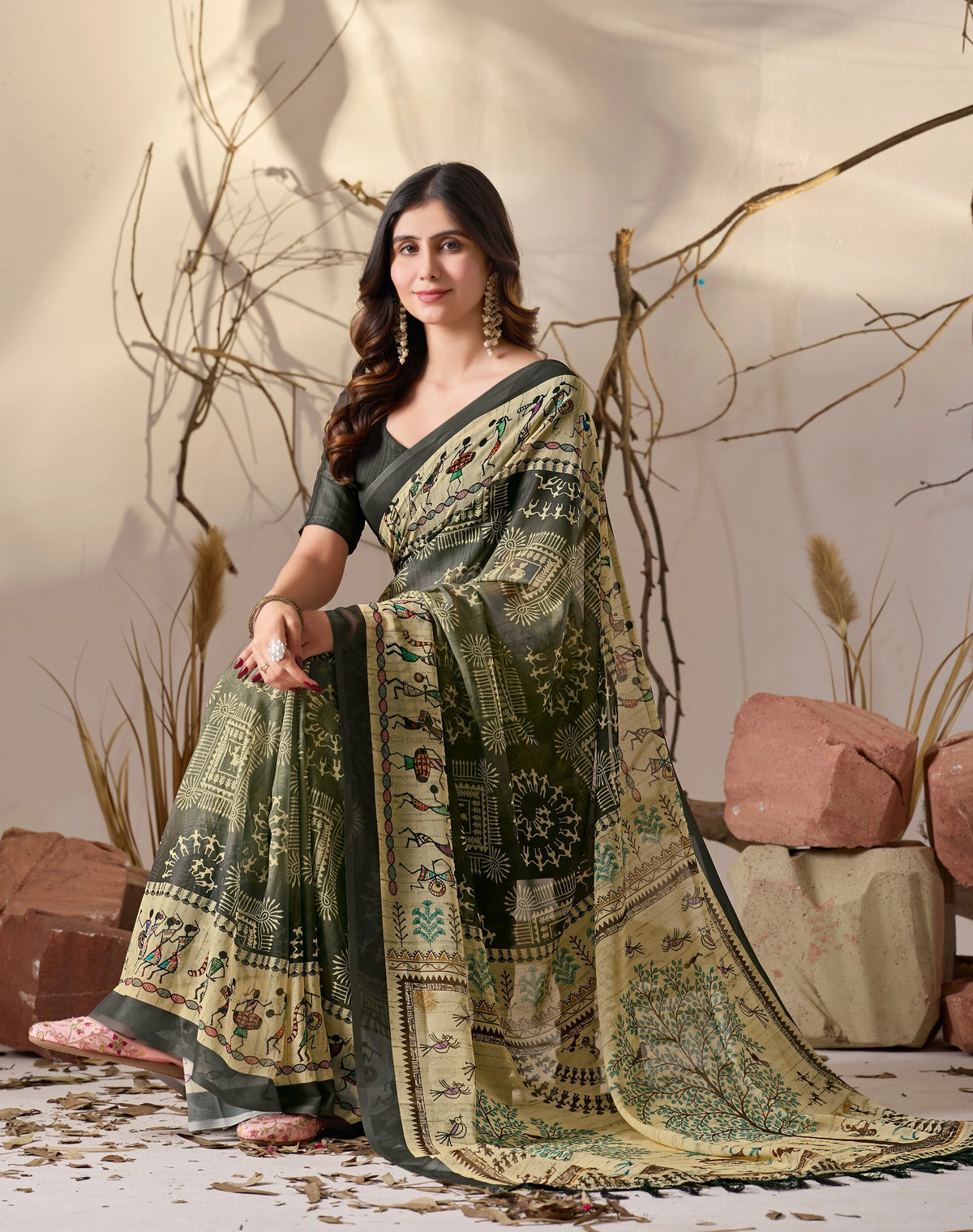 Shop Black Warli Print Georgette Saree | Kalyanja
