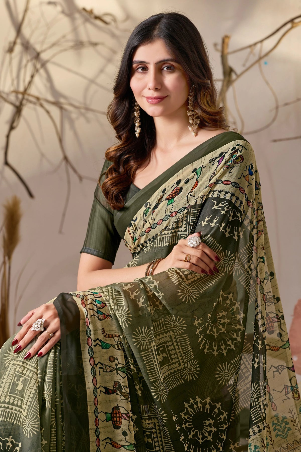 Shop Black Warli Print Georgette Saree | Kalyanja
