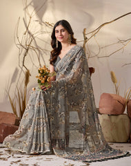 Gray Floral Digital Print Soft Georgette Saree - kalyanja