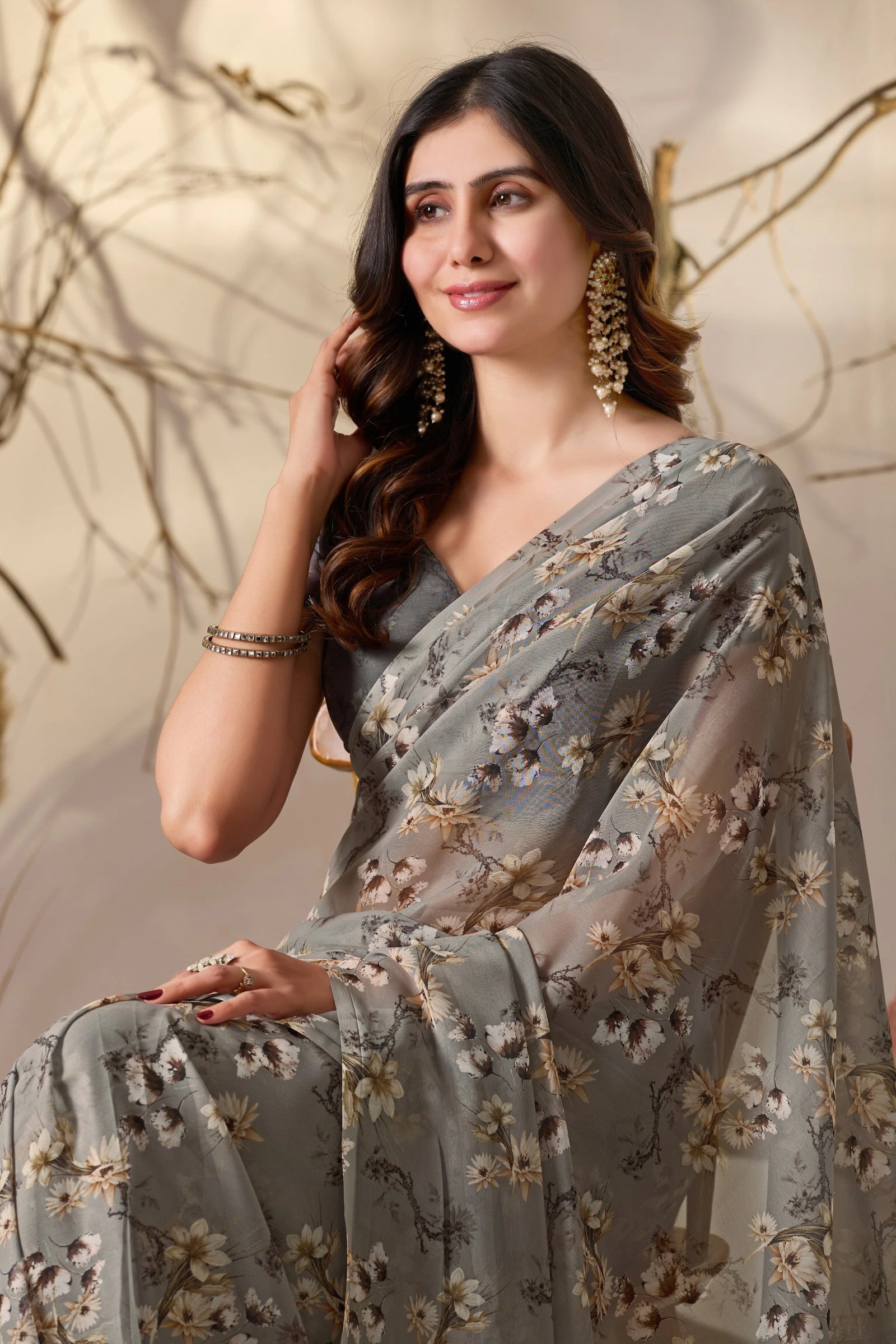 Gray Floral Digital Print Soft Georgette Saree - kalyanja