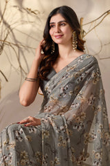 Gray Floral Digital Print Soft Georgette Saree - kalyanja