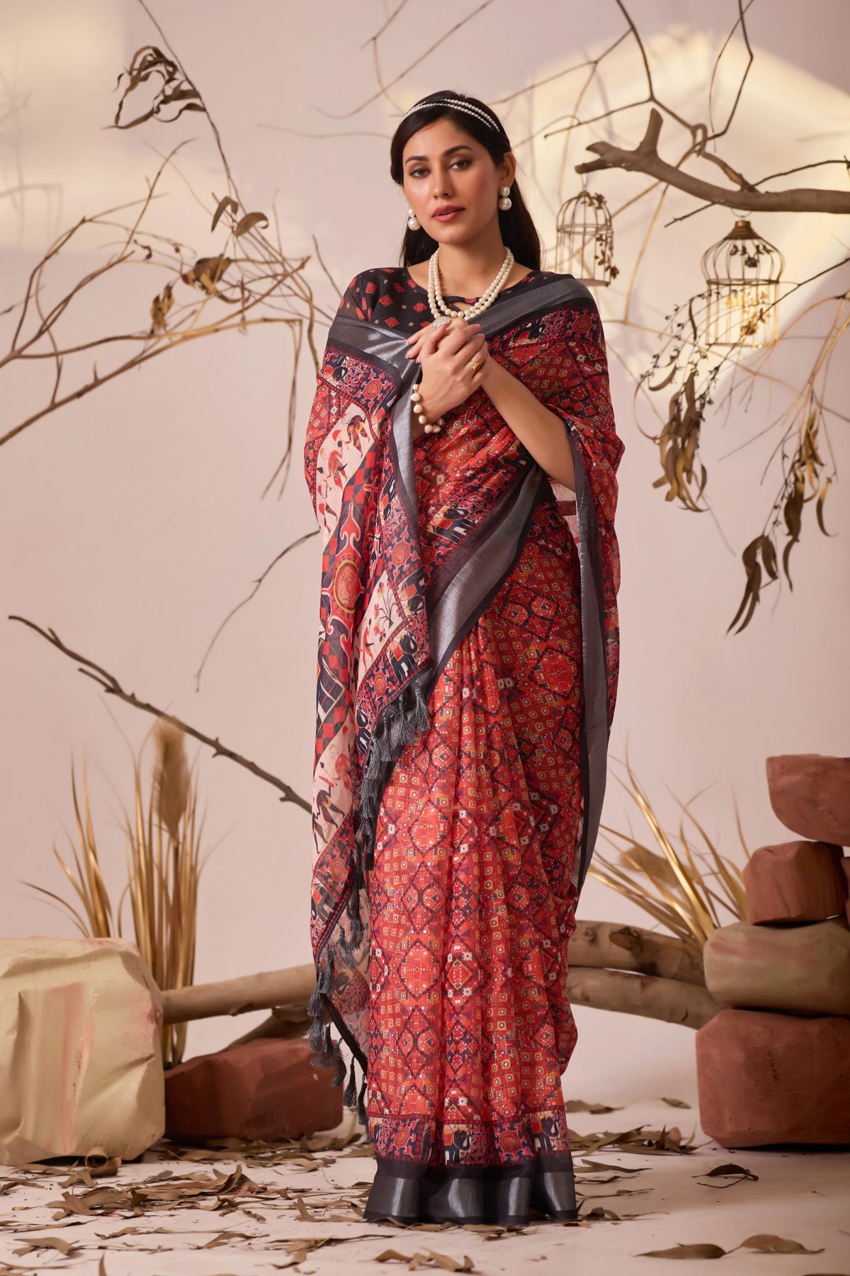 Deep Red Digital Floral Royal Ethnic Print Linen Cotton Saree