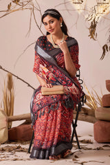 Deep Red Digital Floral & Royal Ethnic Print Linen Cotton Saree
