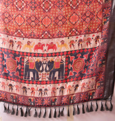 Deep Red Digital Floral & Royal Ethnic Print Linen Cotton Saree