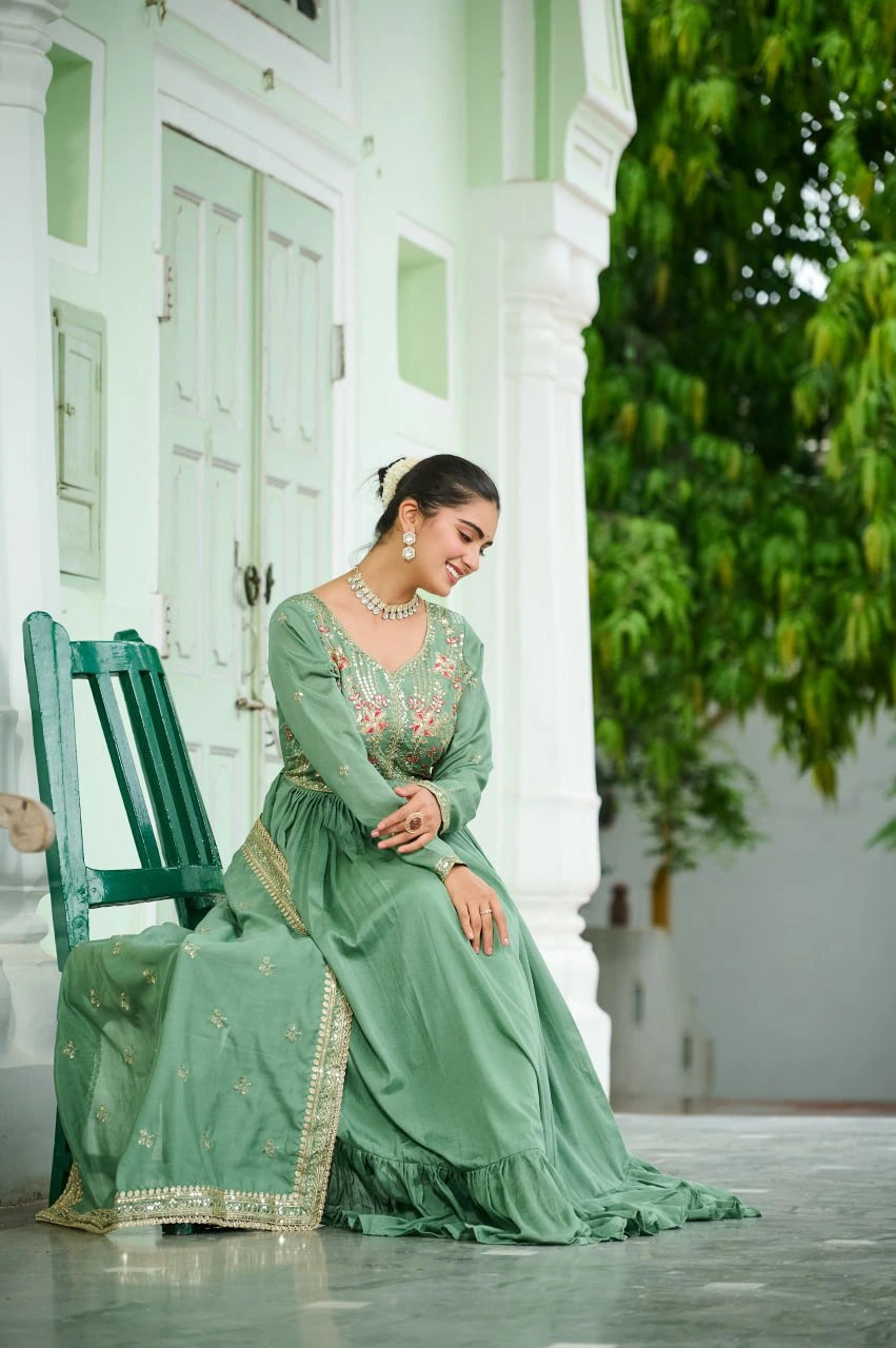 Sea Green Embroidered Zari & Thread Work Vichitra Silk Gown