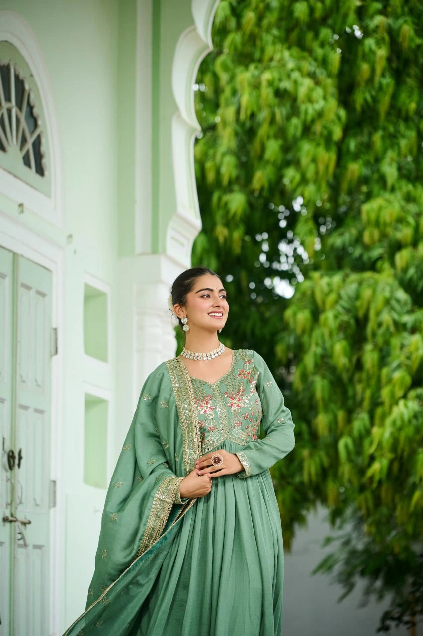 Sea Green Embroidered Zari & Thread Work Vichitra Silk Gown