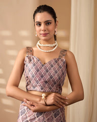 Beige Floral Digital Weaving & Golden Zari Border Soft Lichi Silk