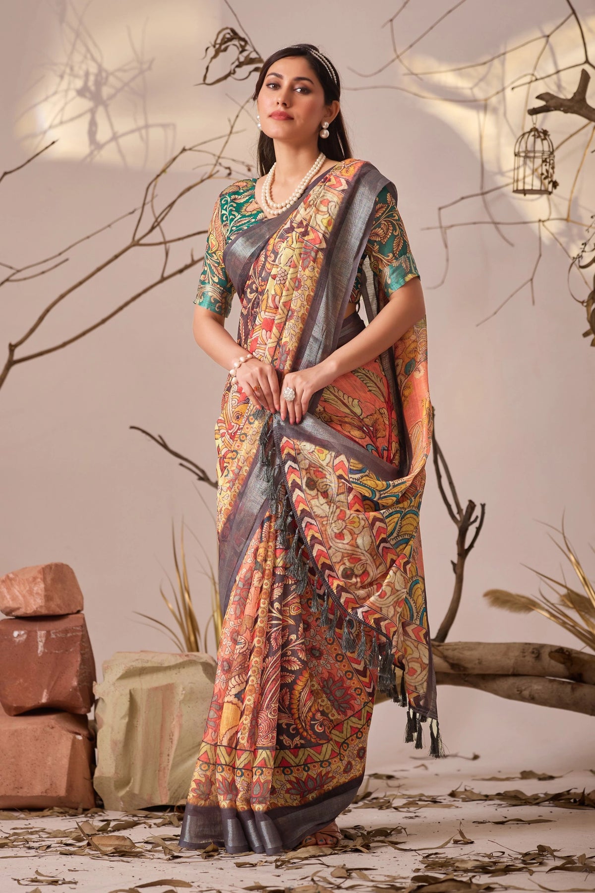 Soft Peach Digital Floral & Royal Ethnic Print Linen Cotton Saree - kalyanja