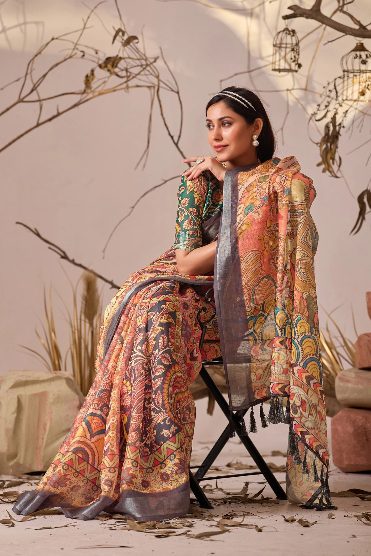 Soft Peach Digital Floral & Royal Ethnic Print Linen Cotton Saree - kalyanja