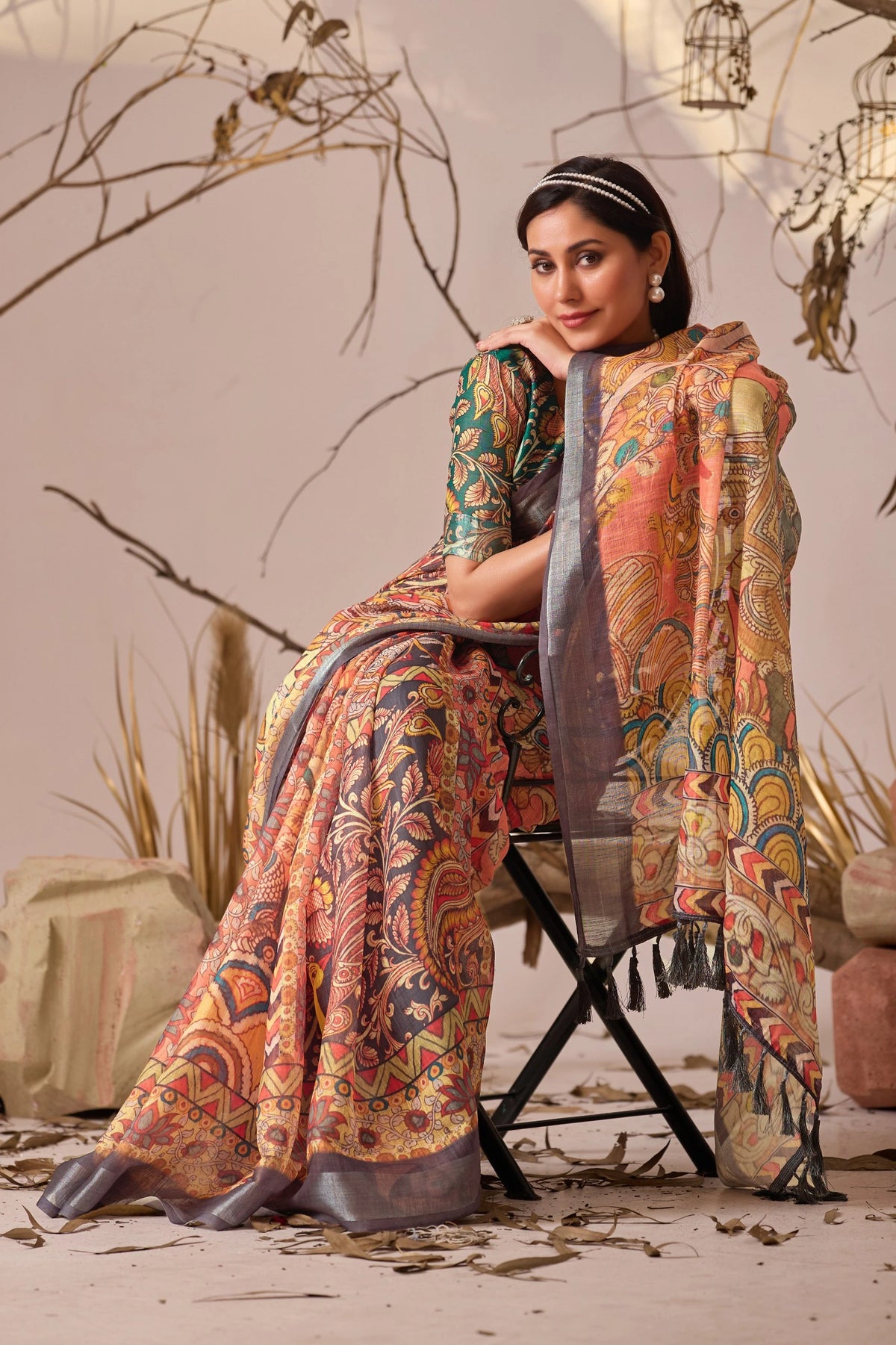 Soft Peach Digital Floral Royal Ethnic Print Linen Cotton Saree