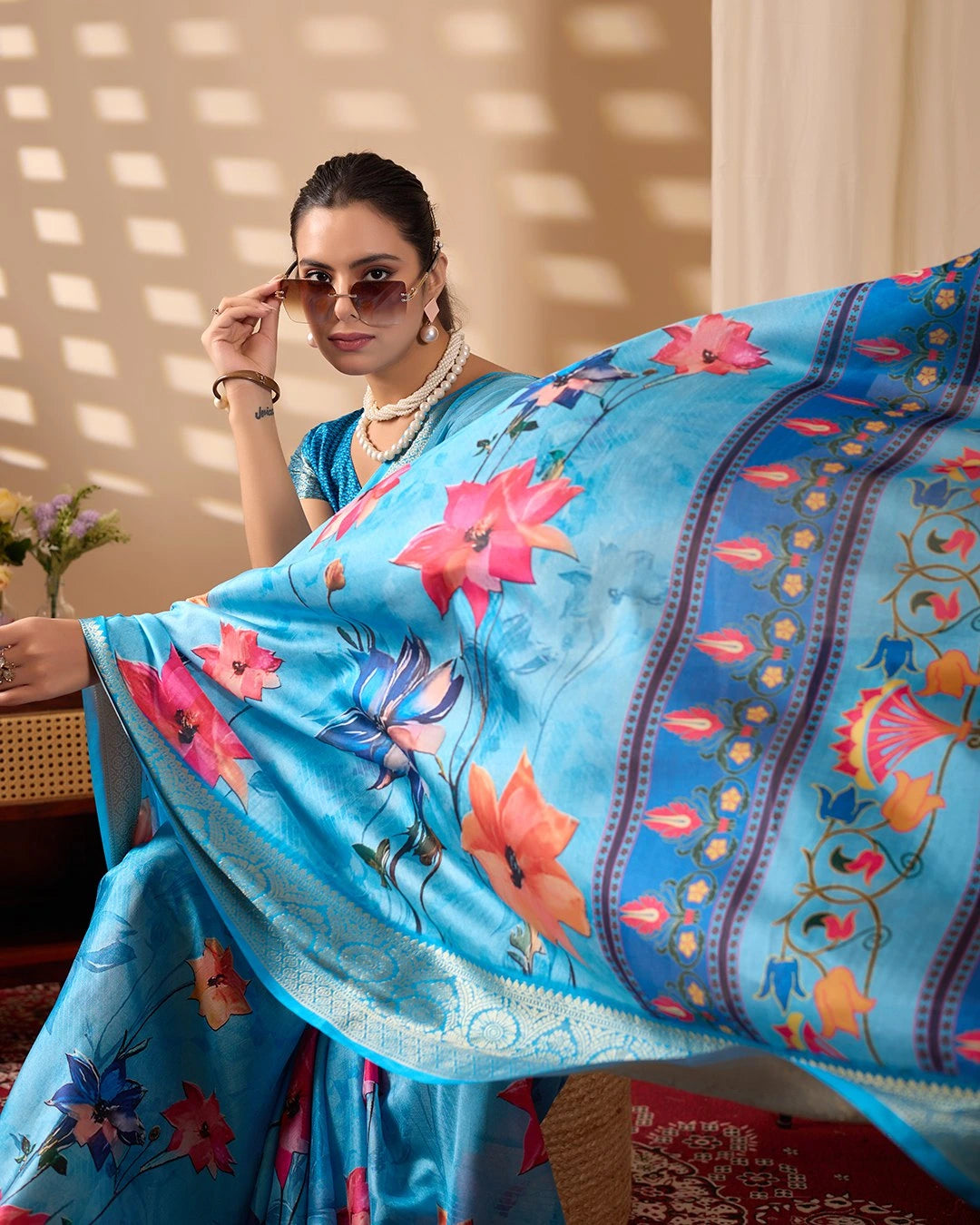 blue digital print zari woven border soft lichi silk