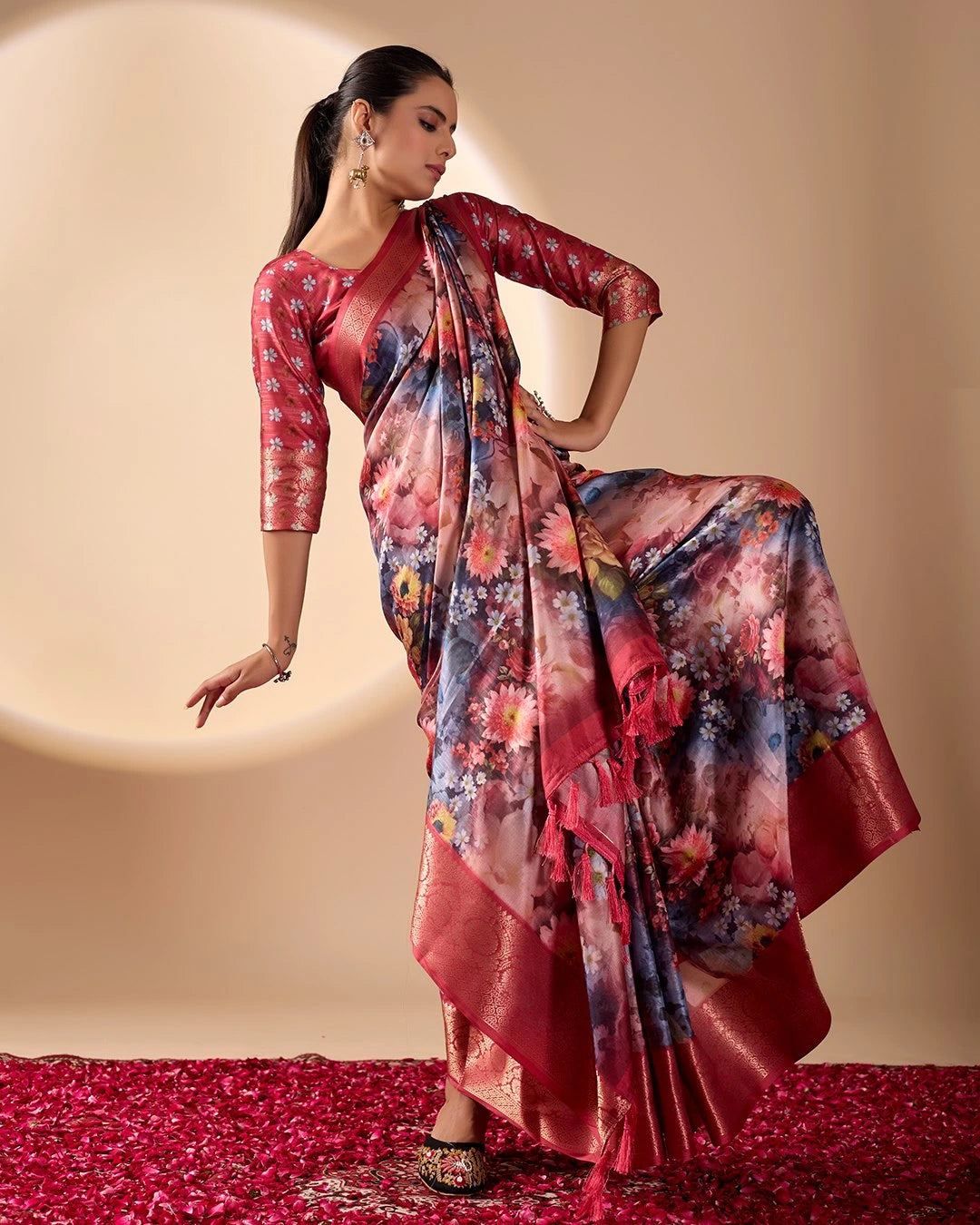 Soft Peach Digital Print & Zari Woven Border Soft Lichi Silk. – Kalyanja

