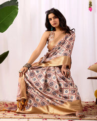 Beige Digital Print & Zari Woven Border Soft Lichi Silk