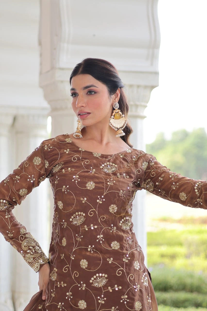 Brown Sequins Zari Embroidered Work Fendy Suit