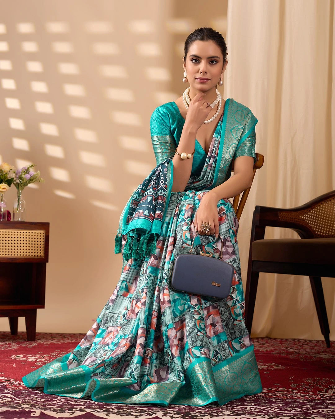 Rama Blue Artistic Abstract Floral Digital Print Soft Lichi Silk Saree